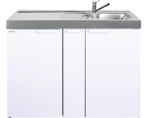 Miniküche Stengel Kitchenline MK120A 120x60 cm Becken rechts weiß glänzend Waschtischunterschrank mit Spüle und drei weißen Schranktüren