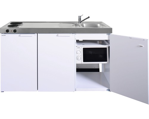 Miniküche mit Spüle, Kochfeld, Kühlschrank und Mikrowelle
