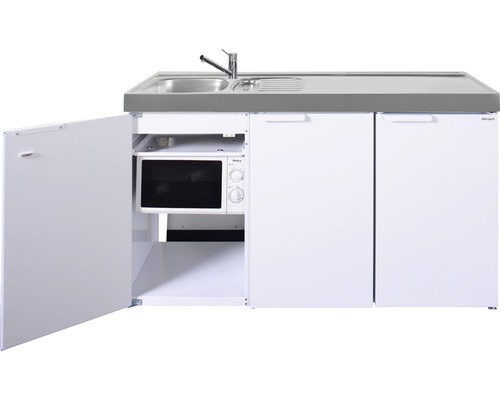 Kompakte Küchenzeile mit Spüle, Mikrowelle und Kühlschrank