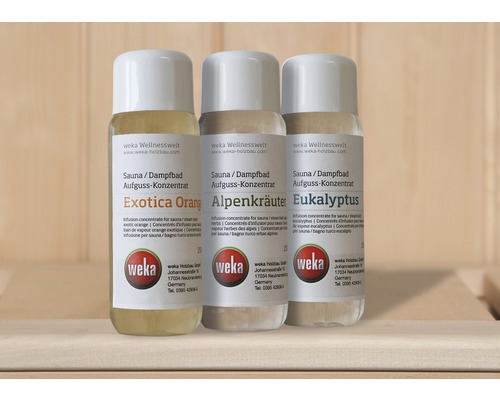 Sauna und Dampfbaddüfte Weka 3er Sparset a 250 ml Drei Flaschen Saunaaufgusskonzentrat Exotica Orange, Alpenkräuter und Eukalyptus von Weka