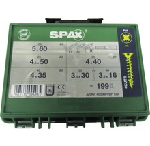 Spax Schrauben Sortiment in grüner Box mit Größenangaben und Hinweisen zur Anwendung