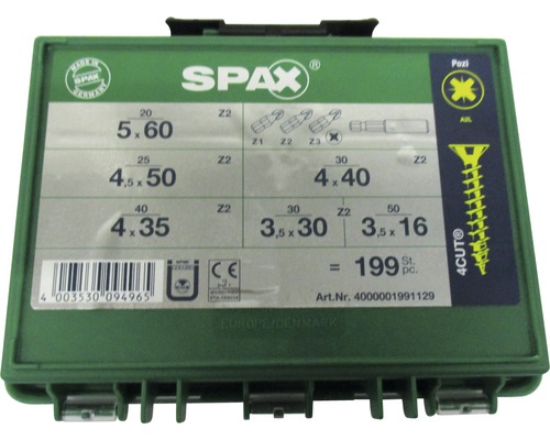 Spax Schrauben Sortiment in grüner Box mit Größenangaben und Hinweisen zur Anwendung