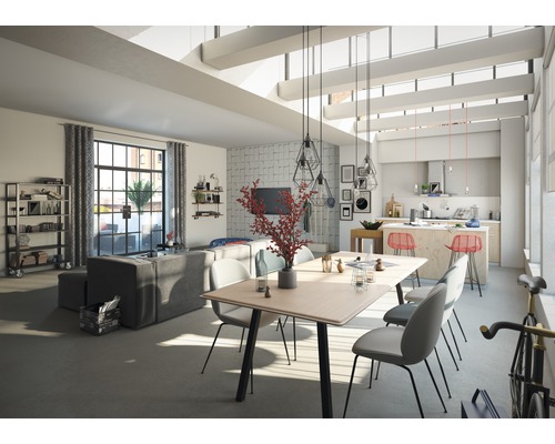 Heller Wohnraum mit Esstisch, Stühlen, Sofa und offener Küche