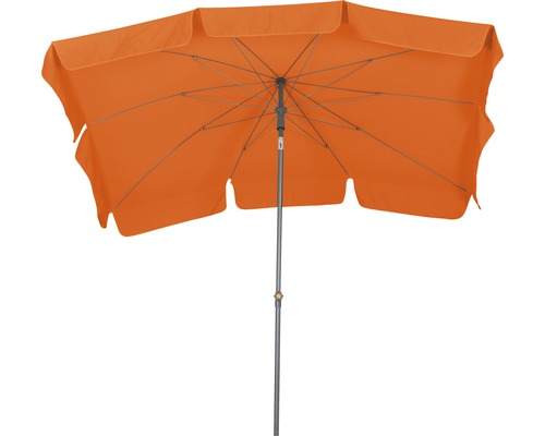 Geöffneter, rechteckiger Sonnenschirm mit Metallgestell.