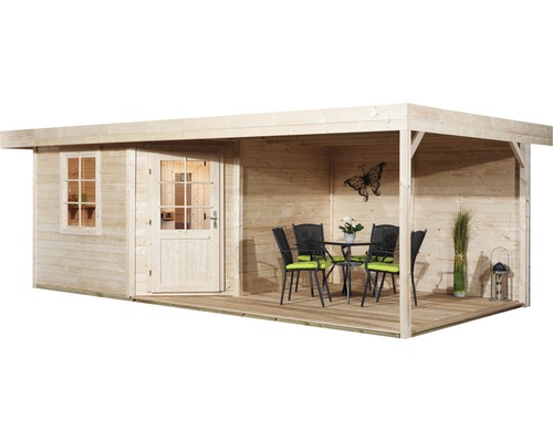 Holzgartenhaus mit Terrasse und Sitzgruppe
