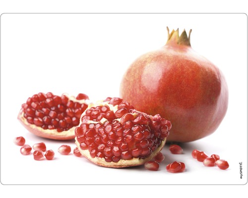 Küchenrückwand mySpotti pop Granatapfel 590x410x2 mm Ganzer Granatapfel und Granatapfelhälften mit Kernen