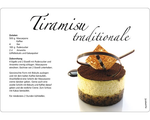 Küchenrückwand mySpotti pop Tiramisu 590x410x2 mm Rezept für traditionelles Tiramisu mit Zutaten und Zubereitungshinweisen
