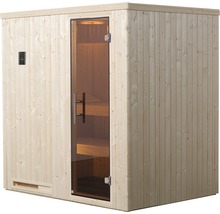 Sauna aus Holz mit Glastür und Steuerungselement