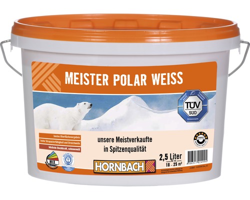 HORNBACH Wandfarbe Meister Polarweiß 2,5 L Eimer mit Meister Polar Weiss Innenfarbe, 2,5 Liter