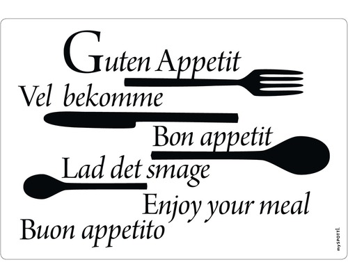 Küchenrückwand mySpotti pop Guten Appetit 590x410x2 mm Illustration mit dem Schriftzug Guten Appetit in verschiedenen Sprachen