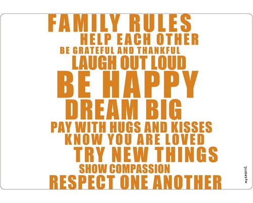 Küchenrückwand mySpotti pop Family rules 590x410x2 mm Dekoratives Schild mit der Aufschrift Familienregeln