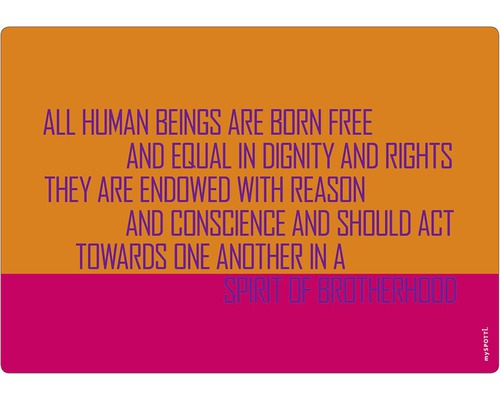Küchenrückwand mySpotti pop Human rights 590x410x2 mm Illustration mit dem Text: Alle Menschen sind frei und gleich an Würde und Rechten geboren. Sie sind mit Vernunft und Gewissen begabt und sollen einander im Geiste der Brüderlichkeit begegnen.