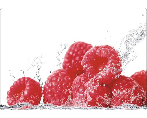 Küchenrückwand mySpotti pop Aqua-Himbeeren 590x410x2 mm Nahaufnahme von Himbeeren mit Wassertropfen