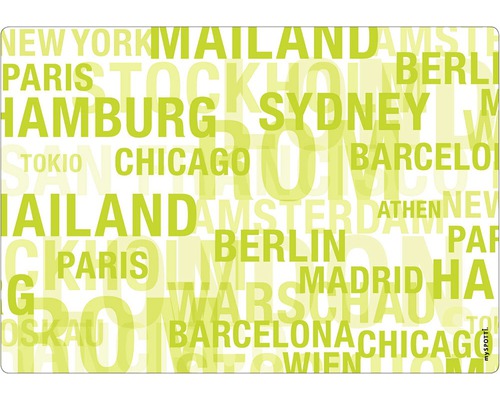Küchenrückwand mySpotti pop Cities green 590x410x2 mm Dekorplatte mit Städtenamen Muster