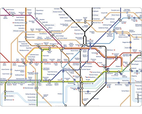 Küchenrückwand mySpotti pop Subway London 590x410x2 mm Londoner U-Bahnplan mit verschiedenen Linien und Stationen.