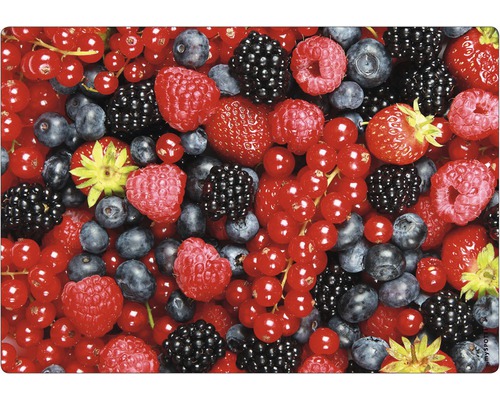 Küchenrückwand mySpotti pop Berrymix 590x410x2 mm Nahaufnahme verschiedener Beeren wie Erdbeeren, Himbeeren, Blaubeeren, Brombeeren und Johannisbeeren