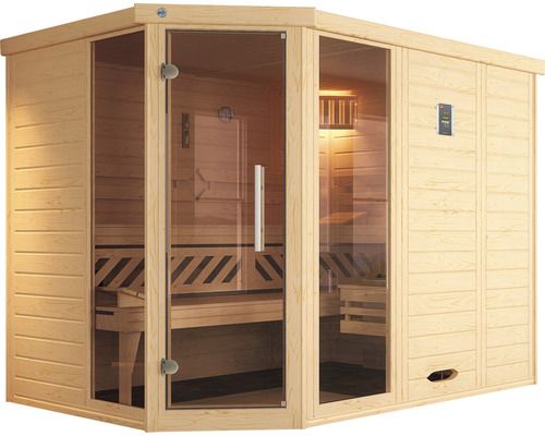 Sauna aus Holz mit Glastür und Steuerungselement
