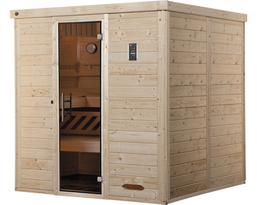Sauna aus Holz mit Glastür und Bedienelement