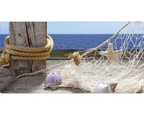 Badrückwand mySpotti Aqua Sea view 900x450x2 mm 150920 blau Dekorative Szene mit Holzpfosten, Seil, Fischernetz, Seestern und Muscheln vor Meereshintergrund