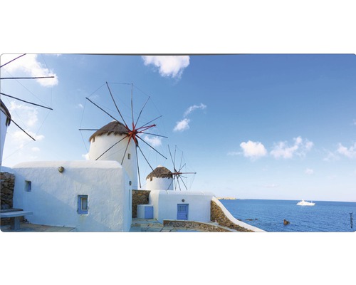 Badrückwand mySpotti Aqua Greece 900x450x2 mm 150921 blau Panorama mit Windmühlen und weiß getünchten Gebäuden am Meer
