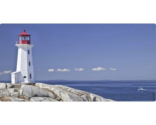 Badrückwand mySpotti Aqua Lighthouse 900x450x2 mm 150924 blau Leuchtturm auf Felsen am Meer unter blauem Himmel
