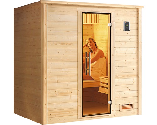 Holzsauna mit Glastür und elektronischer Steuerung