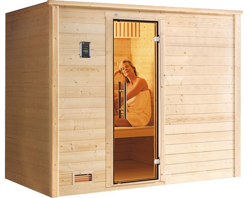 Holzsauna mit Glastür und Bedienfeld