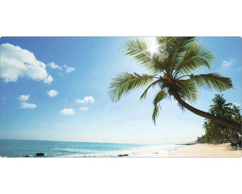 Badrückwand mySpotti Aqua Beach 900x450x2 mm 150934 blau Strand mit Palmen und blauem Himmel