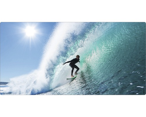 Badrückwand mySpotti Aqua Surfing USA 900x450x2 mm 150935 blau Ein Surfer reitet auf einer Welle.