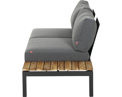 Gartensofa mit Holzbasis und grauen Polstern