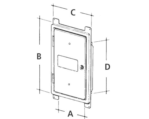 Technische Zeichnung einer Installationsbox mit Abmessungen A, B, C und D.