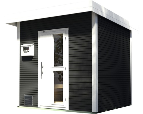 Saunahaus mit Holzwänden, Tür und kleinem Fenster