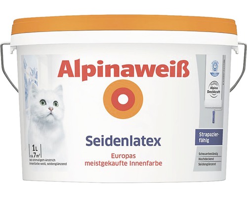 Alpinaweiß Latexfarbe seidenglänzend weiß 1 L Alpinaweiß Innenfarbe Seidenlatex, 1 Liter