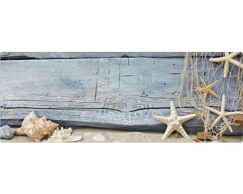 Badrückwand mySpotti Aqua Seashell 1200x450x2 mm 151219 grau Dekorative Szene mit Holz, Sand, Muscheln, Seesternen und Fischernetz