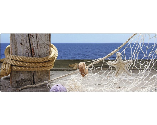 Badrückwand mySpotti Aqua Sea view 1200x450x2 mm 151220 blau Dekoratives Strandmotiv mit Seestern und Fischernetz