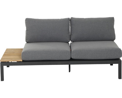 Gartensofa mit zwei Sitzen, grauen Kissen und einem Tisch aus Holz
