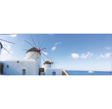 Panorama mit Windmühlen, weißen Gebäuden und Meerblick