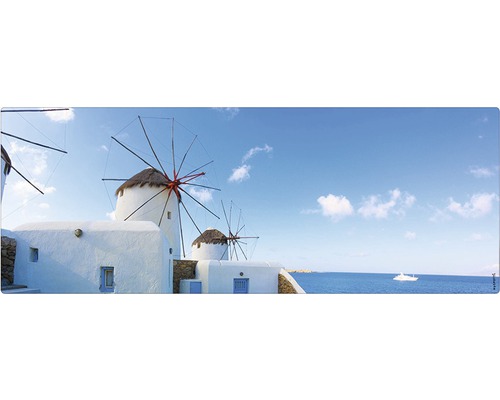 Badrückwand mySpotti Aqua Greece 1200x450x2 mm 151221 blau Panorama mit Windmühlen, weißen Gebäuden und Meerblick