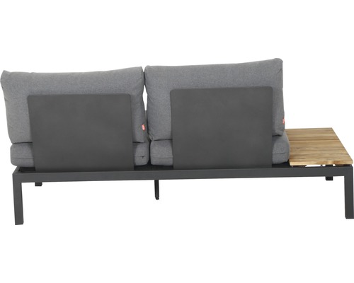 Gartensofa mit grauem Kissen, Metallrahmen und Tischplatte aus Holz