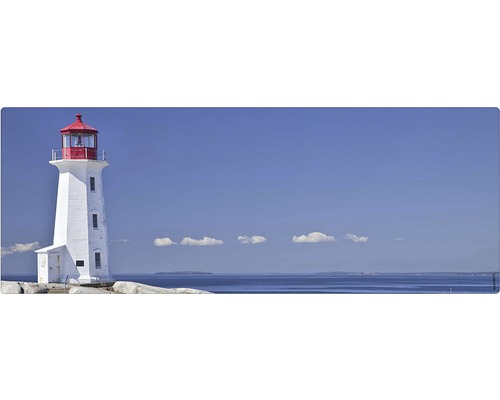 Badrückwand mySpotti Aqua Lighthouse 1200x450x2 mm 151224 blau Leuchtturm mit Meerblick