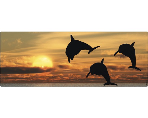 Badrückwand mySpotti Aqua Sonnenuntergang 1200x450x2 mm 151233 beige Drei springende Delfine vor einem Sonnenuntergang