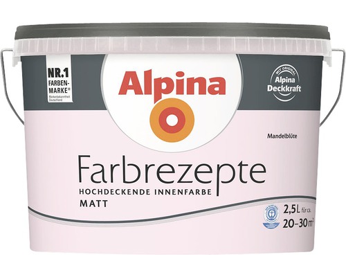 Eimer mit Alpina Farbrezepte hochdeckende Innenfarbe matt, Farbton Mandelblüte, 2,5 Liter