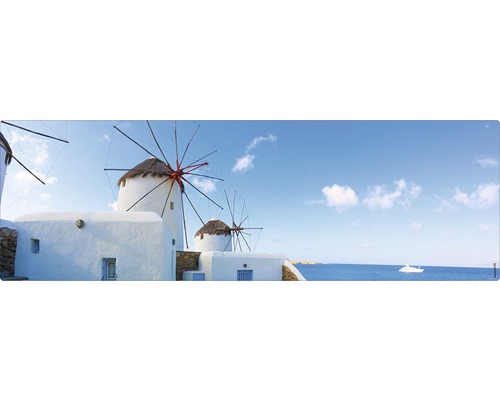 Badrückwand mySpotti Aqua Greece 1400x450x2 mm 151421 blau Panorama mit Windmühlen an der Küste