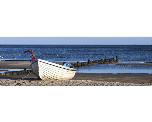 Badrückwand mySpotti Aqua Boat 1400x450x2 mm 151423 blau Boot am Strand mit Holzpfosten im Wasser