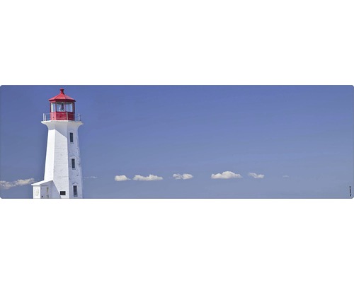 Badrückwand mySpotti Aqua Lighthouse 1400x450x2 mm 151424 blau Illustration eines Leuchtturms vor blauem Himmel