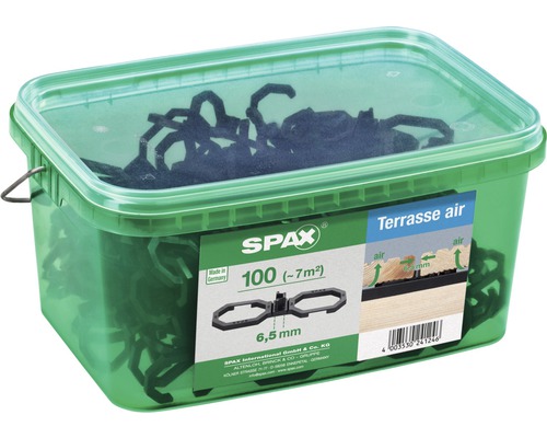 Spax Abstandshalter Air 6,5 mm für Terrassenbau 100 Stück Sicht auf eine transparente Dose mit Spax Terrassen Abstandhalter für Terrassendielen