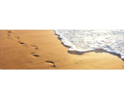 Badrückwand mySpotti Aqua Walk away 1400x450x2 mm 151432 beige Fußabdrücke im Sand am Strand