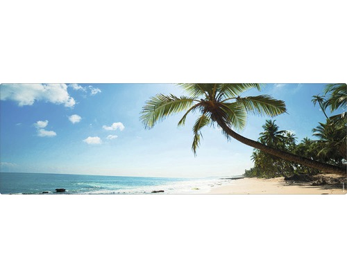 Badrückwand mySpotti Aqua Beach 1400x450x2 mm 151434 blau Panoramaaufnahme eines Strandes mit Palmen