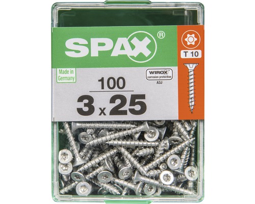 Spax Universalschraube Senkkopf Stahl gehärtet T 10, Holz-Vollgewinde 3x25 mm, 100 Stück Spax Universalschraube Senkkopf Stahl gehärtet T 10, Holz-Vollgewinde 3x25 mm, 100 Stück