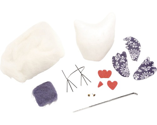 Material für eine Filzfigur mit Füllwatte, Filzwolle, Drahtgestell, Stoffteilen und Zubehör
